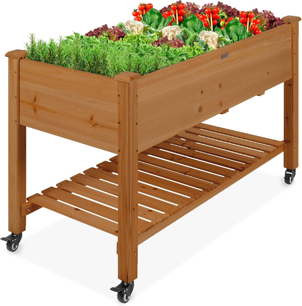 Mobile Elevated Wood Planter w/Lockable Wheels