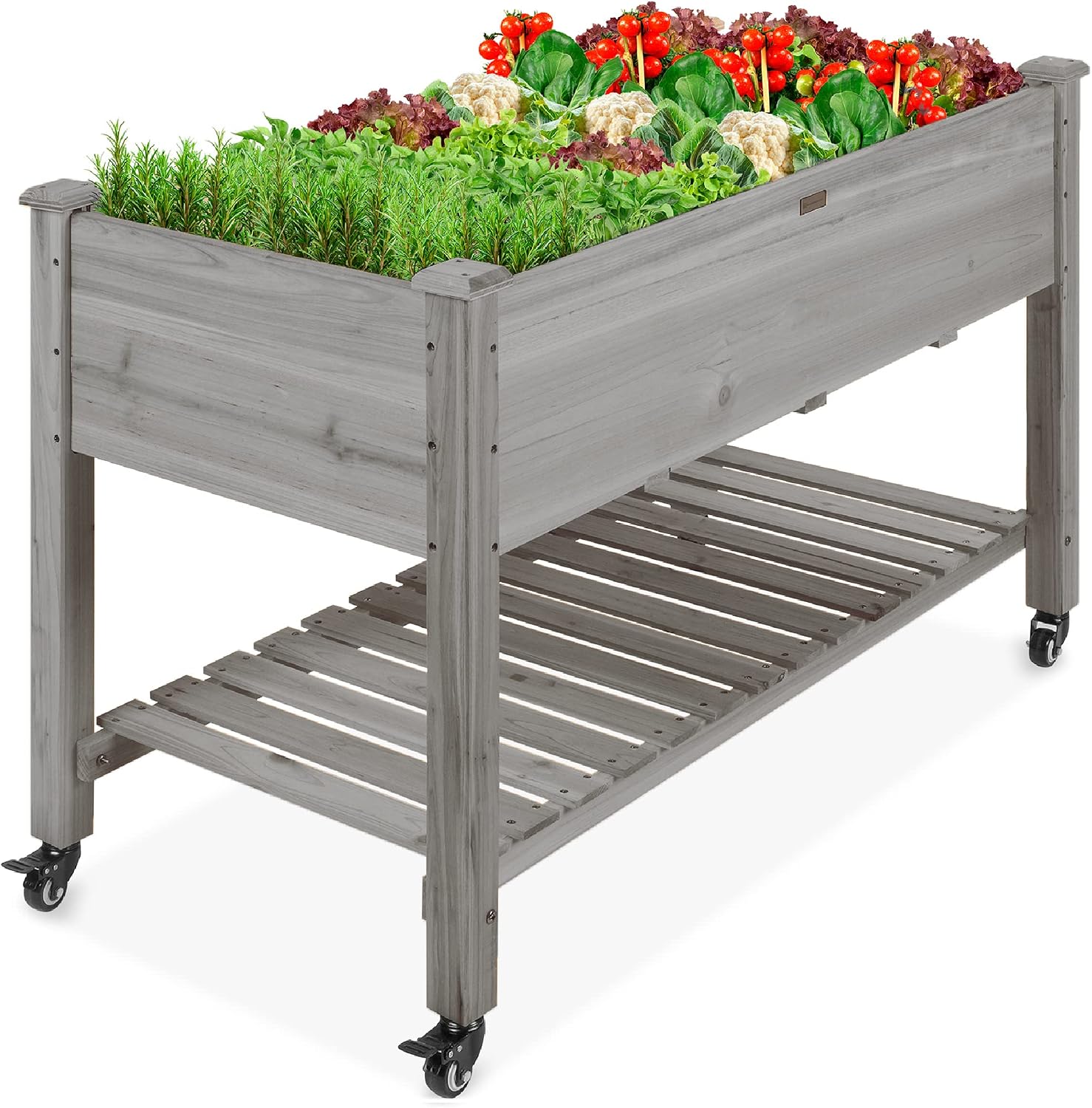 Mobile Elevated Wood Planter w/Lockable Wheels