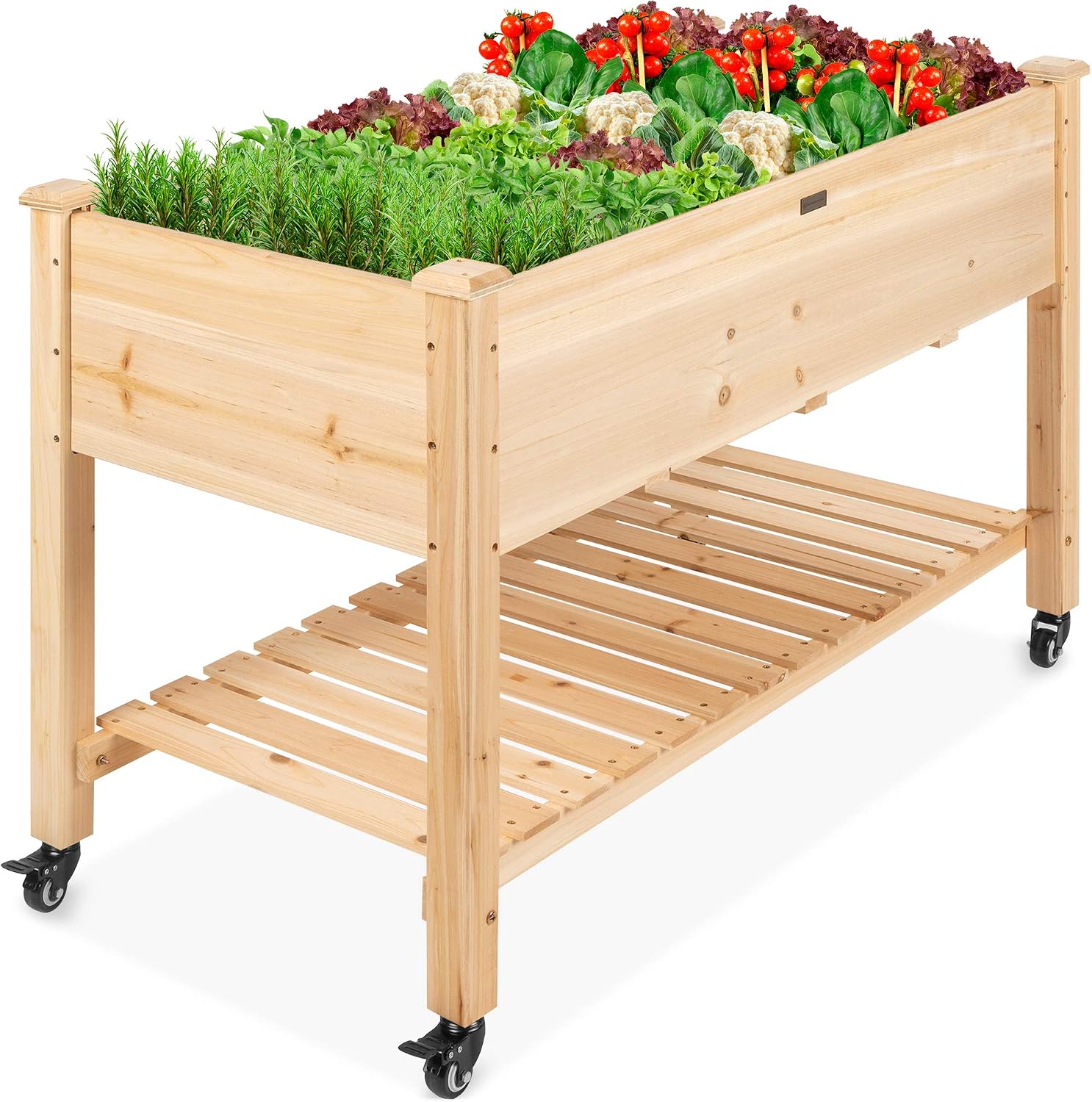 Mobile Elevated Wood Planter w/Lockable Wheels